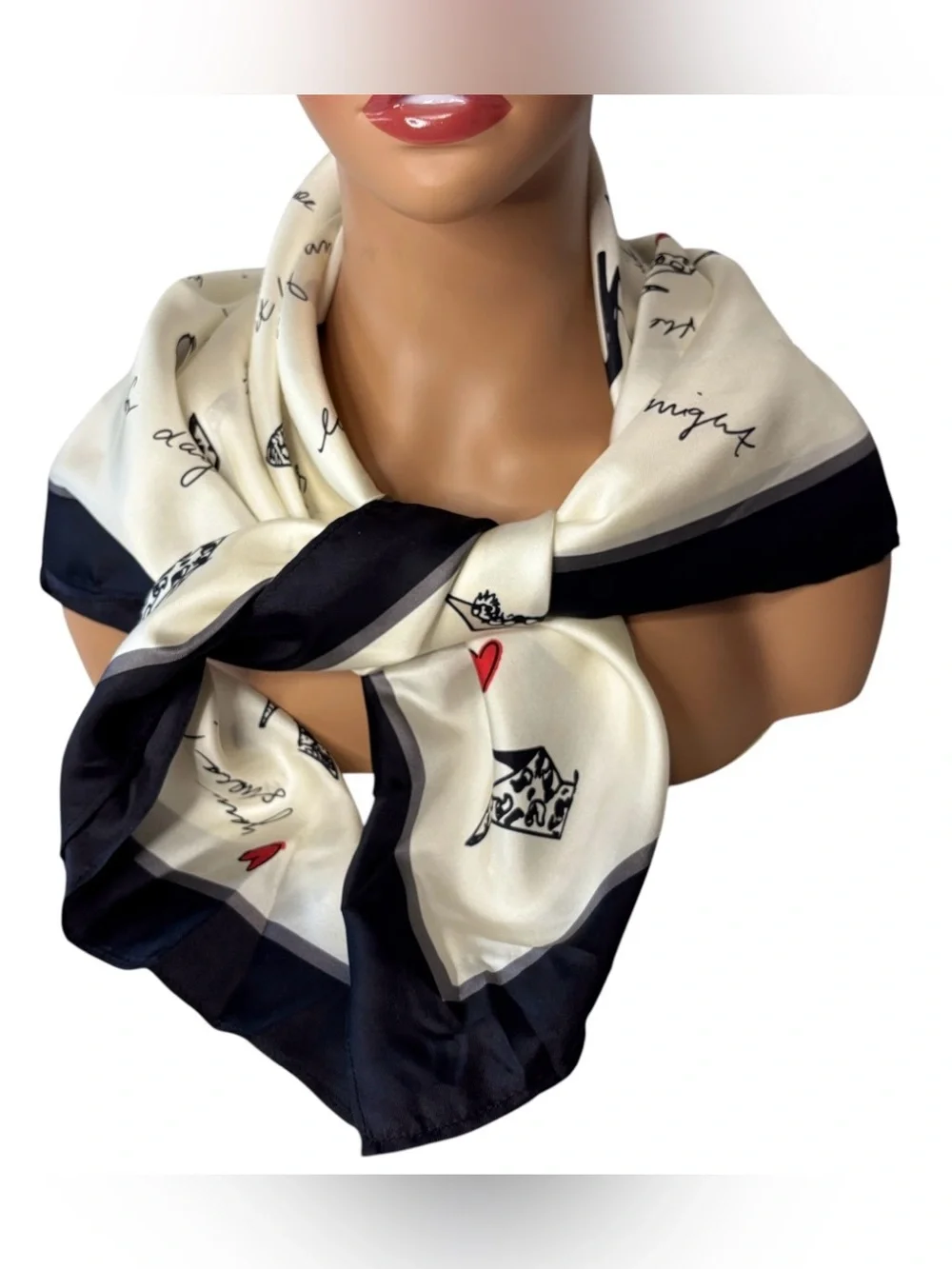 NEW Ann Taylor Shoe Print Silky Satin Square Scarf Black White Red Hearts NWT